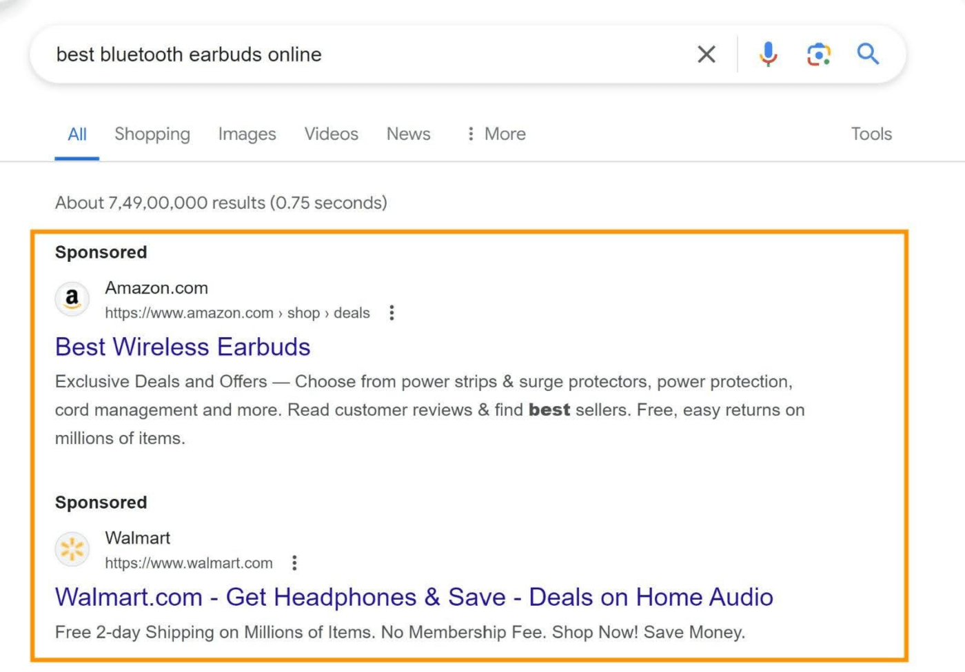 SERP page results showing sponsored ads at the top