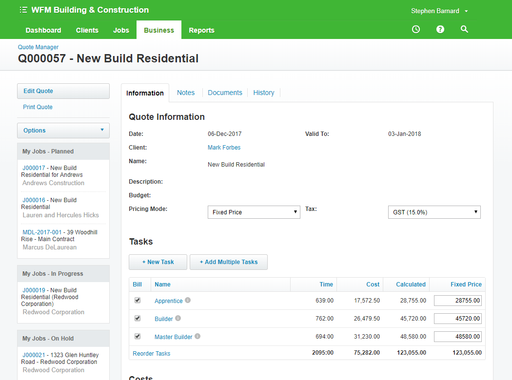 WorkflowMax의 프로젝트 견적 세부 정보