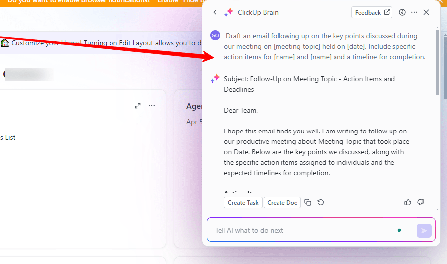 Drafting a follow-up meeting email is made easy using ClickUp Brain