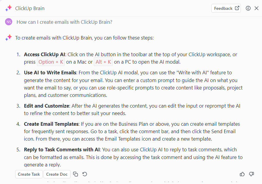 Writing emails using ClickUp Brain