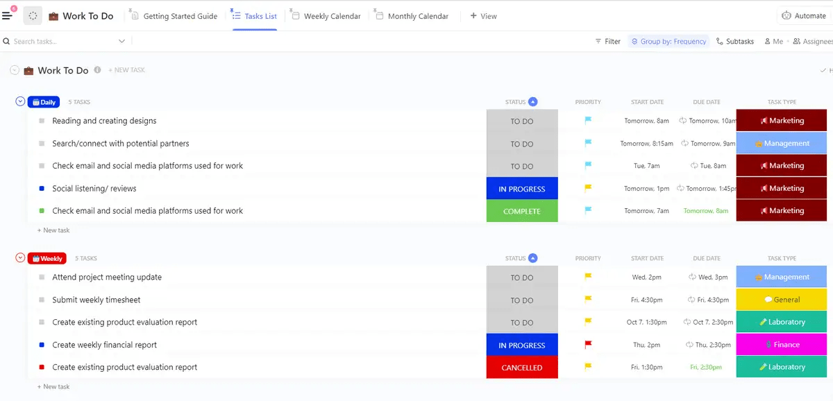 La plantilla de trabajo pendiente de ClickUp está diseñada para ayudarte a llevar un seguimiento de todo tu trabajo.  