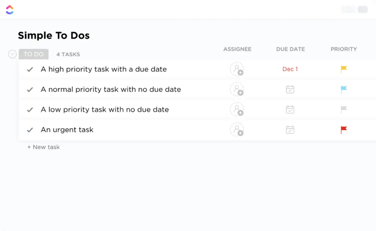 Track tasks by date using ClickUp’s Simple To-Dos Template, with dedicated areas for task descriptions, deadlines, and checkboxes