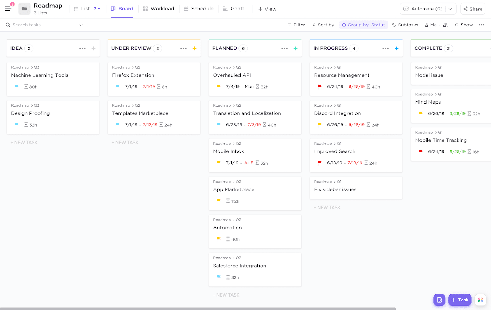 Organisieren Sie Ihre Aufgaben ganz einfach nach ihrem Status mit der Board-Ansicht in der ClickUp Projekt-Roadmap-Vorlage