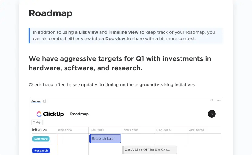 Organize tasks and set deadlines in ClickUp’s Quarterly Roadmap Template