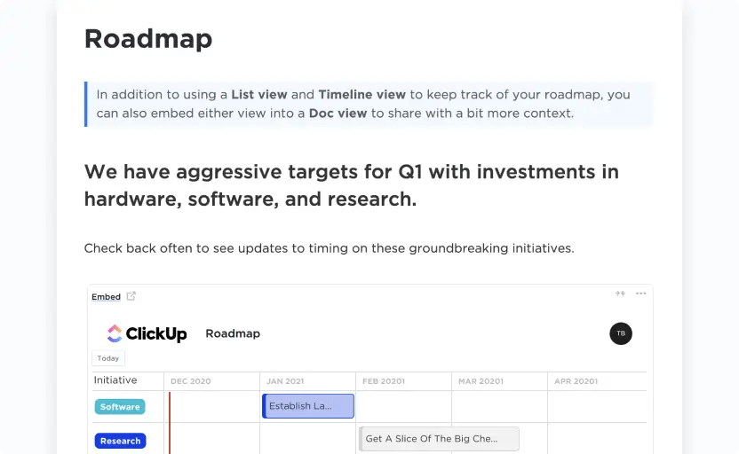 Organisieren Sie Aufgaben und setzen Sie Fristen in der ClickUp-Vorlage für die vierteljährliche Roadmap