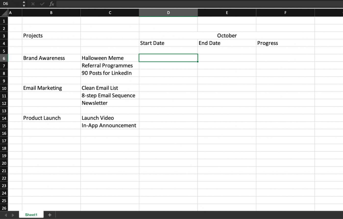 Roadmap in Excel
