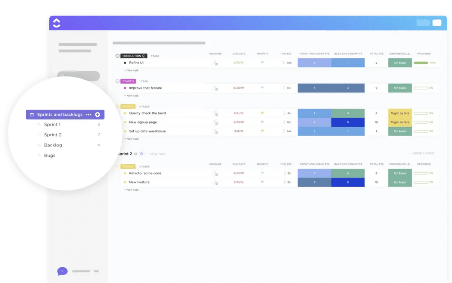 Tracciate e gestite gli sprint e mantenete un backlog di prodotto coeso con il modello Backlog e Sprints di ClickUp