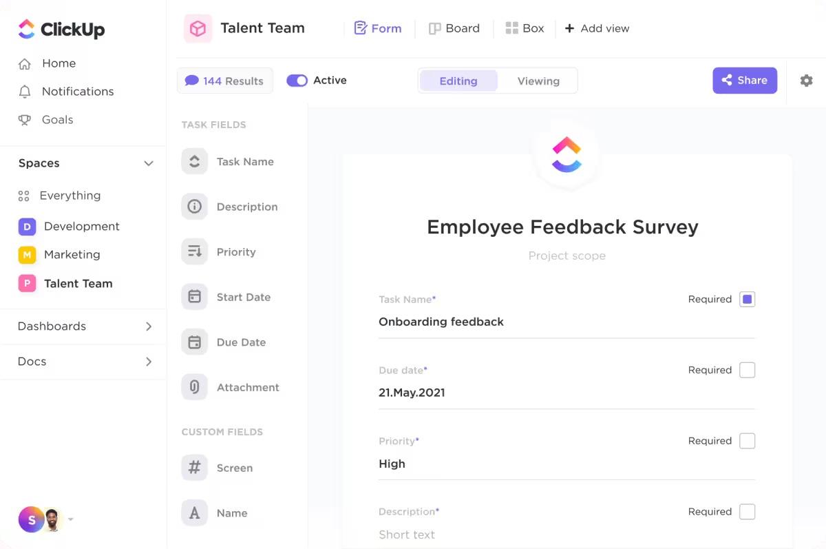 Moduli ClickUp per la raccolta di feedback per migliorare l'area di lavoro