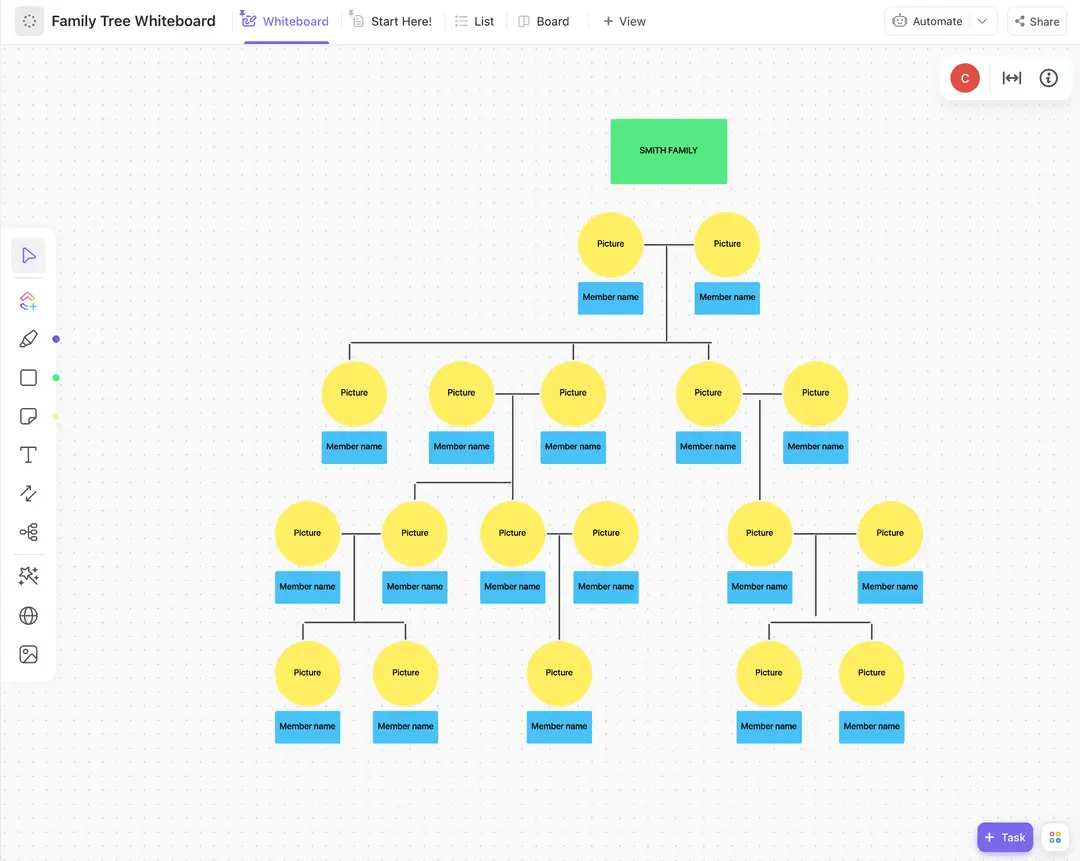 ClickUp Family Tree Templateで、家系図を設定し、各メンバーのプロフィールを追加し、他の人と共同作業しましょう。