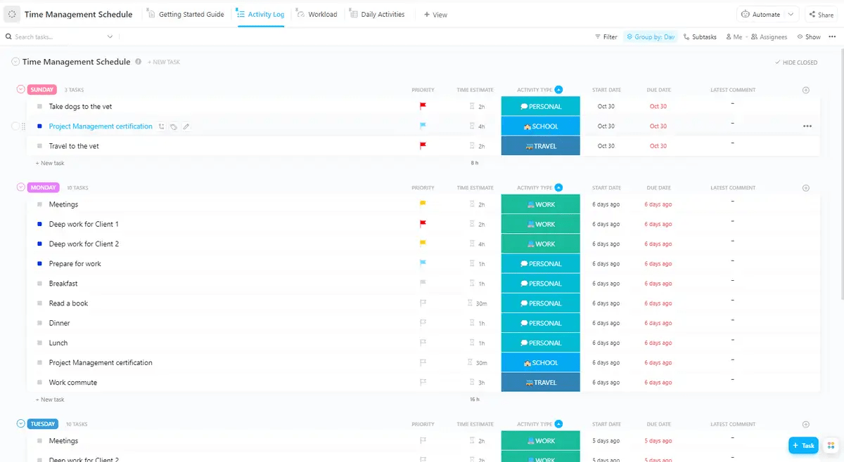 Planen Sie Ihre Woche mit Präzision und stellen Sie sicher, dass jede Aufgabe berücksichtigt wird, indem Sie ClickUps Zeitmanagement-Vorlage verwenden