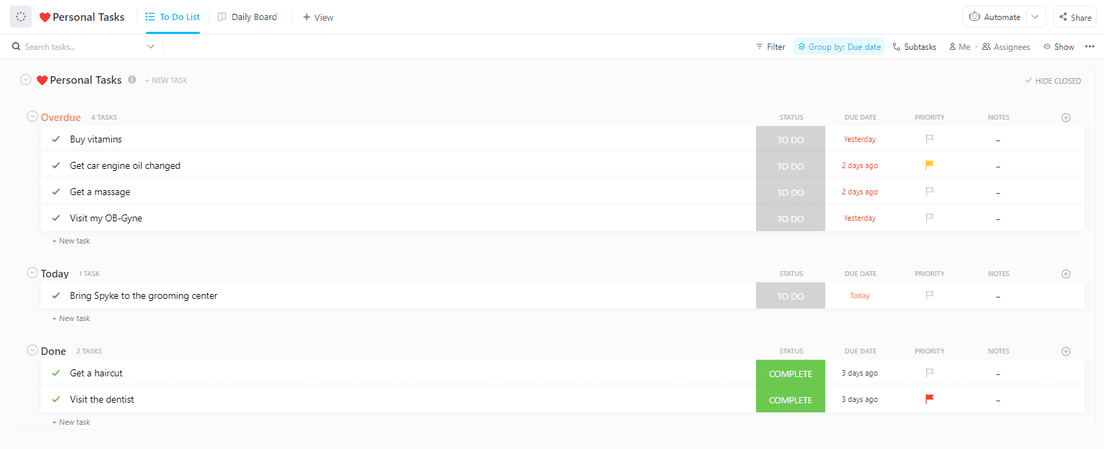 Susun hari Anda, prioritaskan tugas, visualisasikan kemajuan Anda, dan tetap seimbang dengan Templat Perencana Harian ClickUp.  