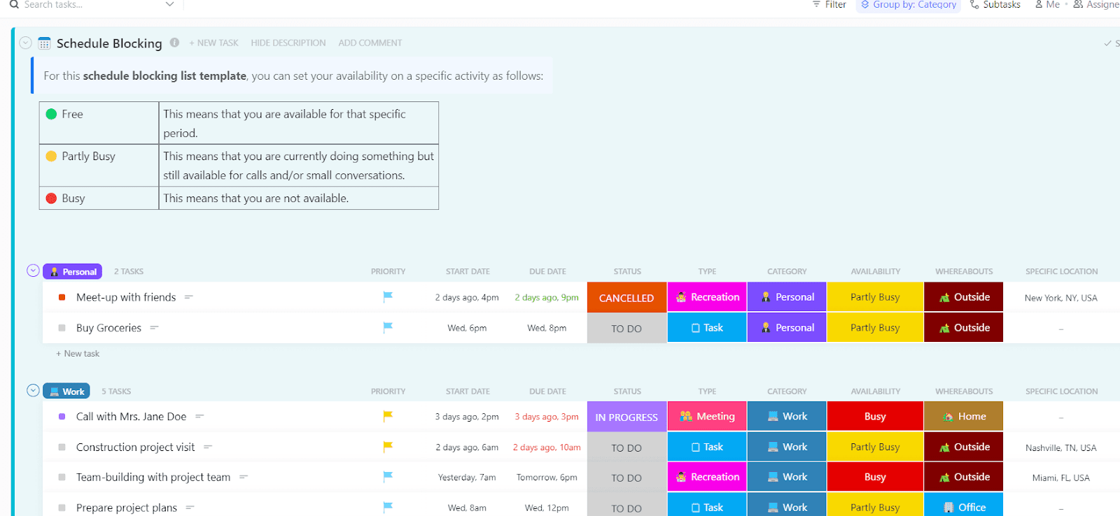 Perkirakan waktu tugas, tetapkan ke blok tertentu, dan beradaptasi dengan mudah sepanjang hari melalui Templat Pemblokiran Jadwal ClickUp