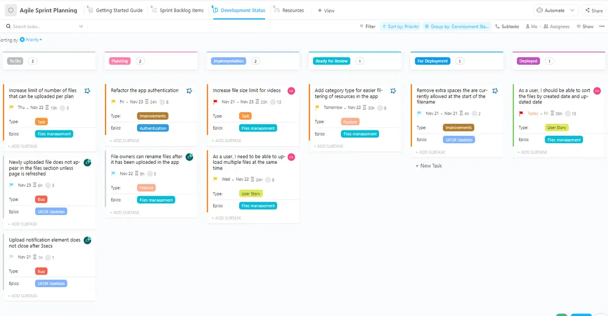 Plan sprints, track progress, manage resources, and visualize dependencies with the Agile Sprint Planning Template by ClickUp  