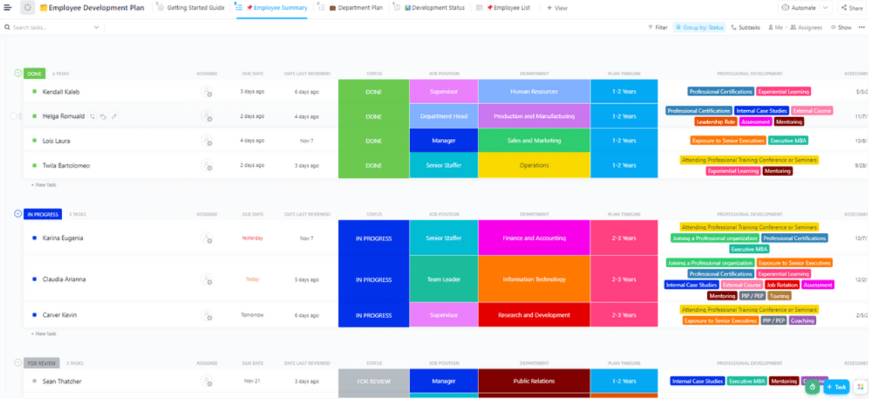 Create comprehensive learning plans for each team member and get a visual summary of goals and progress using the ClickUp Employee Development Plan Template