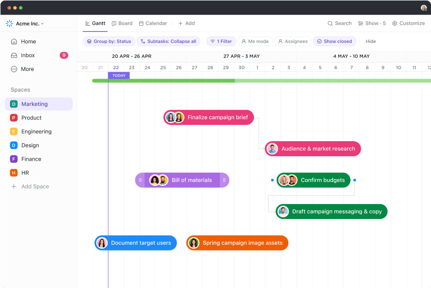 Monitor ongoing projects at a glance with ClickUp’s easy-to-comprehend Gantt Charts 