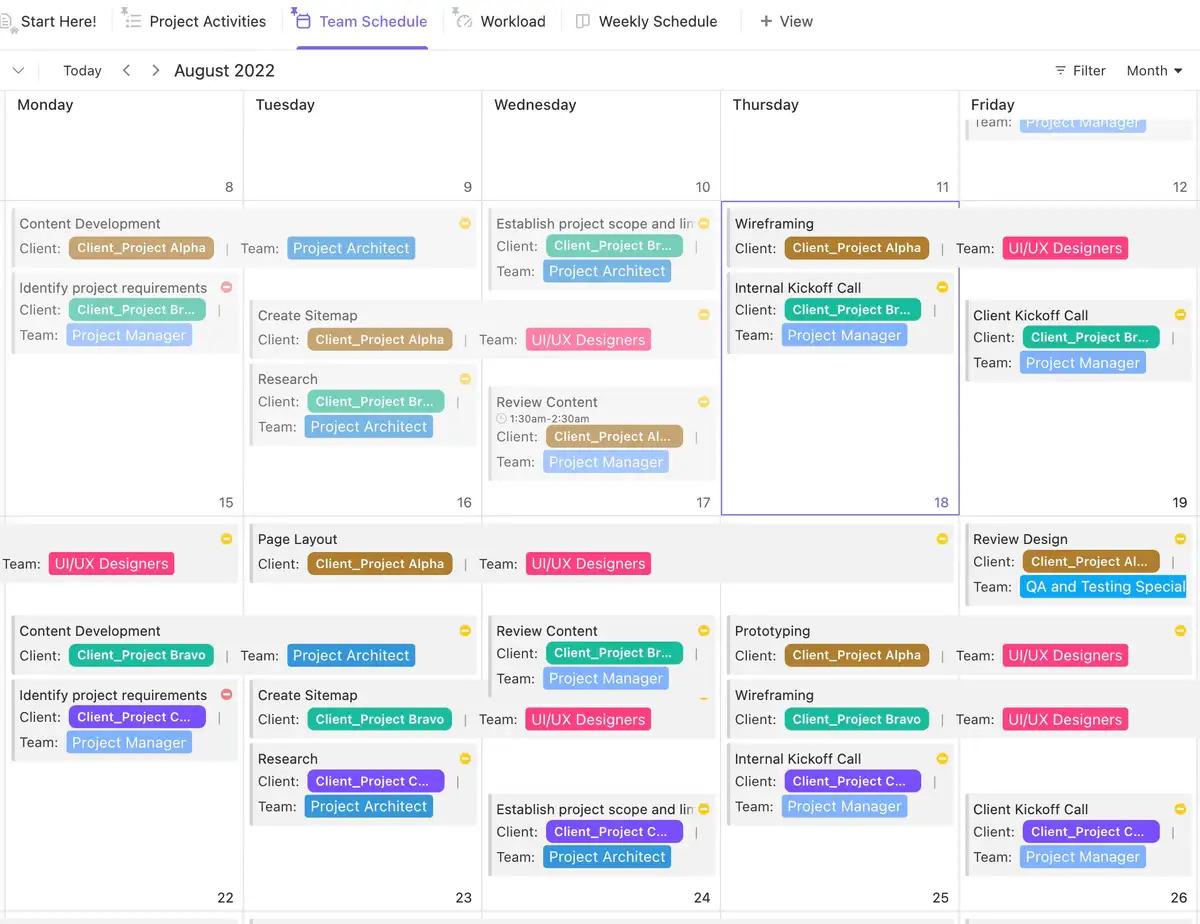 Planeje e gerencie facilmente a agenda, as visualizações de tarefas, os prazos e os responsáveis da sua equipe com o modelo de calendário de colaboração em equipe do ClickUp