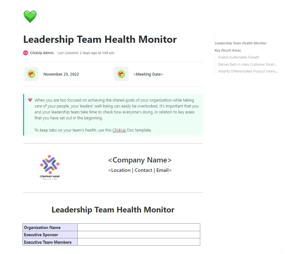 Comprendre l'auto-illusion avec le modèle de moniteur de santé de l'équipe de leadership ClickUp