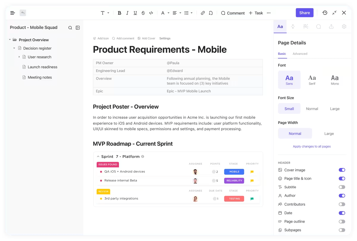 ClickUp’s Product Management Platform