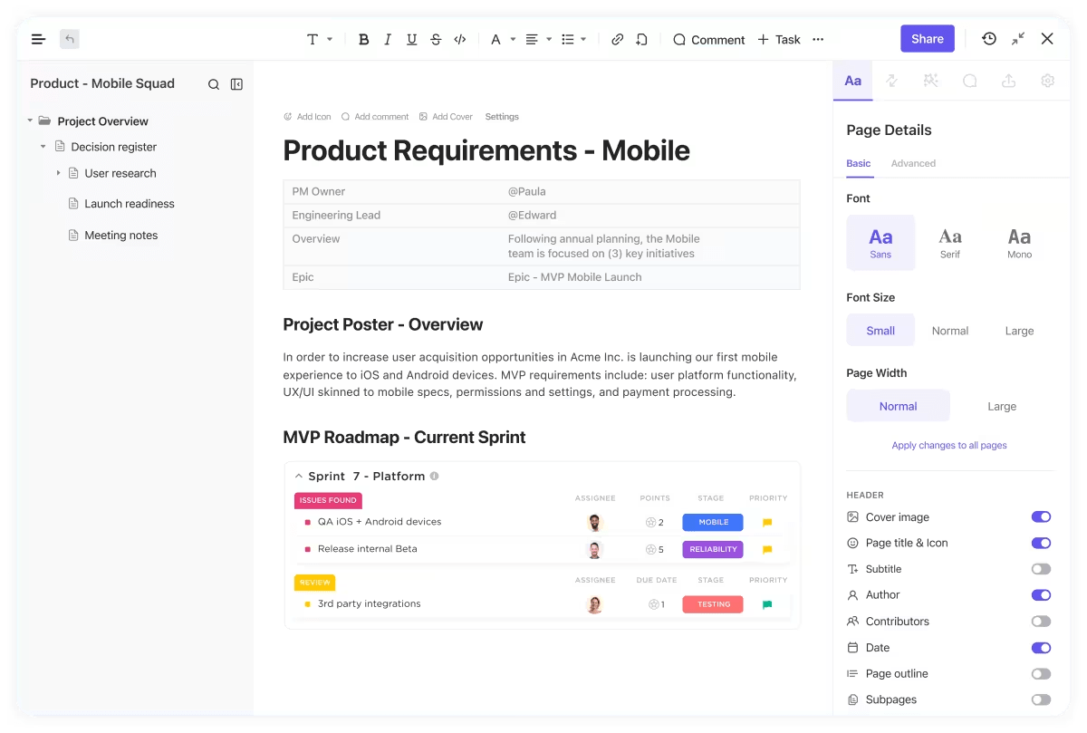 Plataforma de gerenciamento de produtos da ClickUp