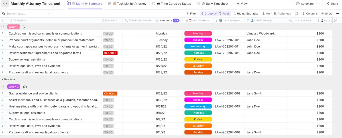 ClickUp’s Attorney Time Tracking Template helps you stay on top of cases and keeps track of all the details of your legal practice