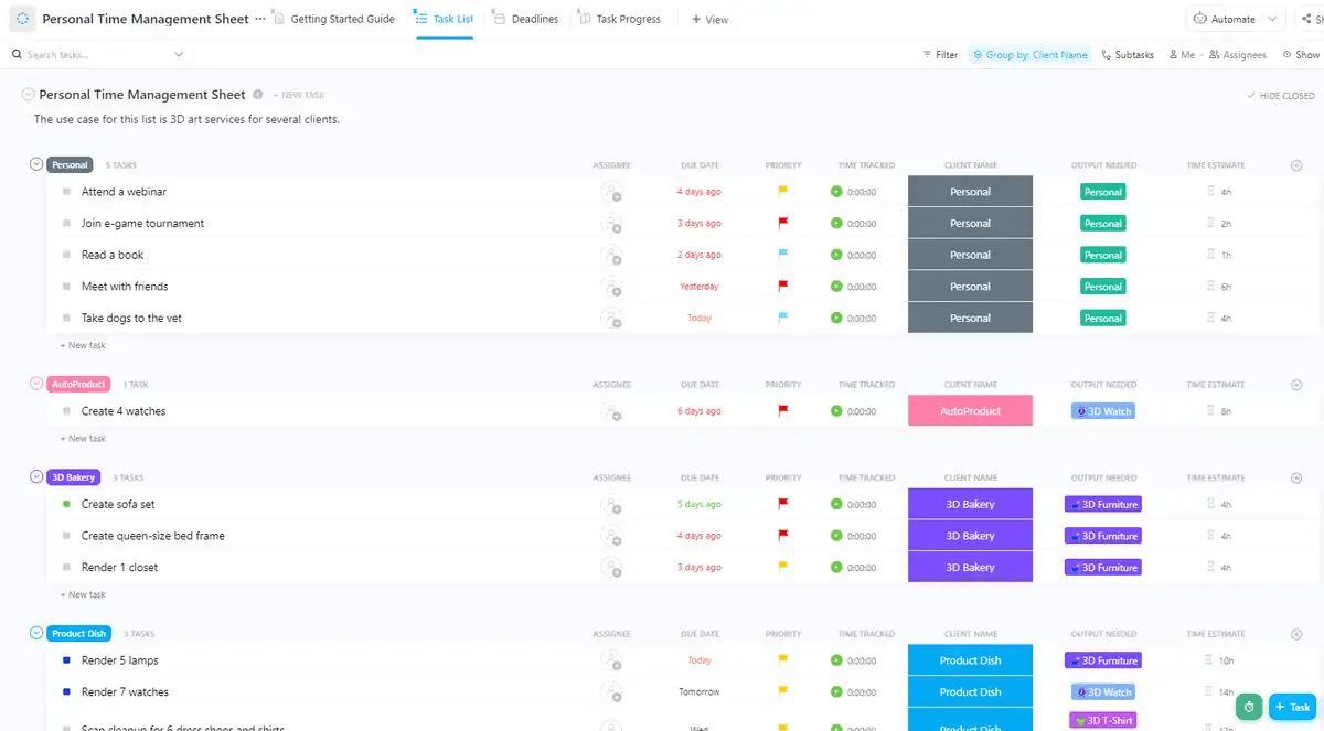 ClickUp's Personal Time Management Sheet Template is designed to help you prioritize and plan out your daily tasks and activities. 