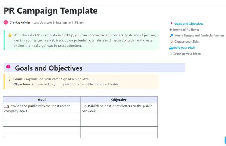 Plan and monitor PR-related objectives of companies through ClickUp’s PR Campaign Template 