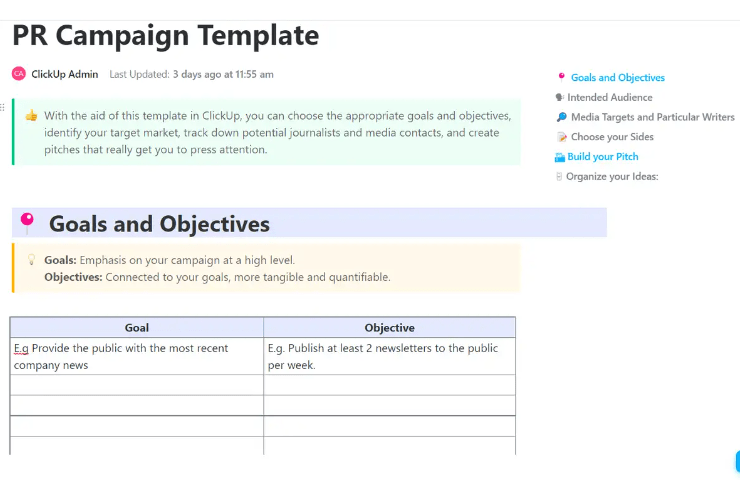 Rencanakan dan pantau tujuan terkait PR perusahaan melalui Template Kampanye PR ClickUp