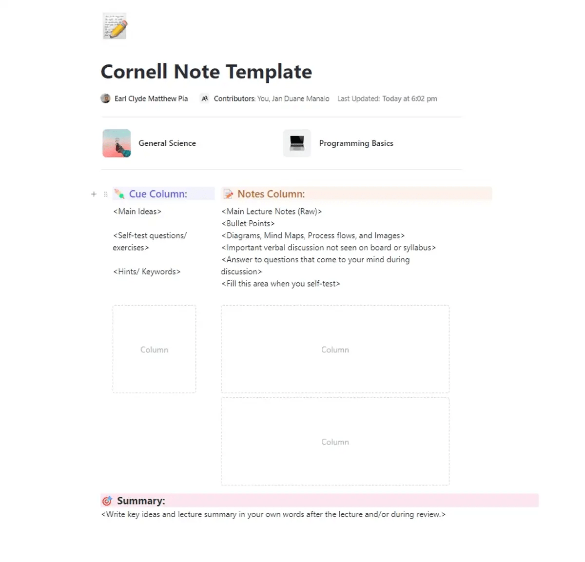 Buat catatan, tautkan ke tugas, dan susun kemajuan tugas menggunakan Templat Catatan ClickUp Cornell