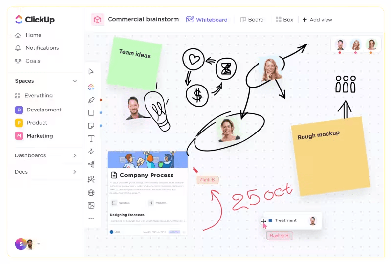 Draw diagrams and add sticky notes to your note-taking routine with ClickUp Whiteboards