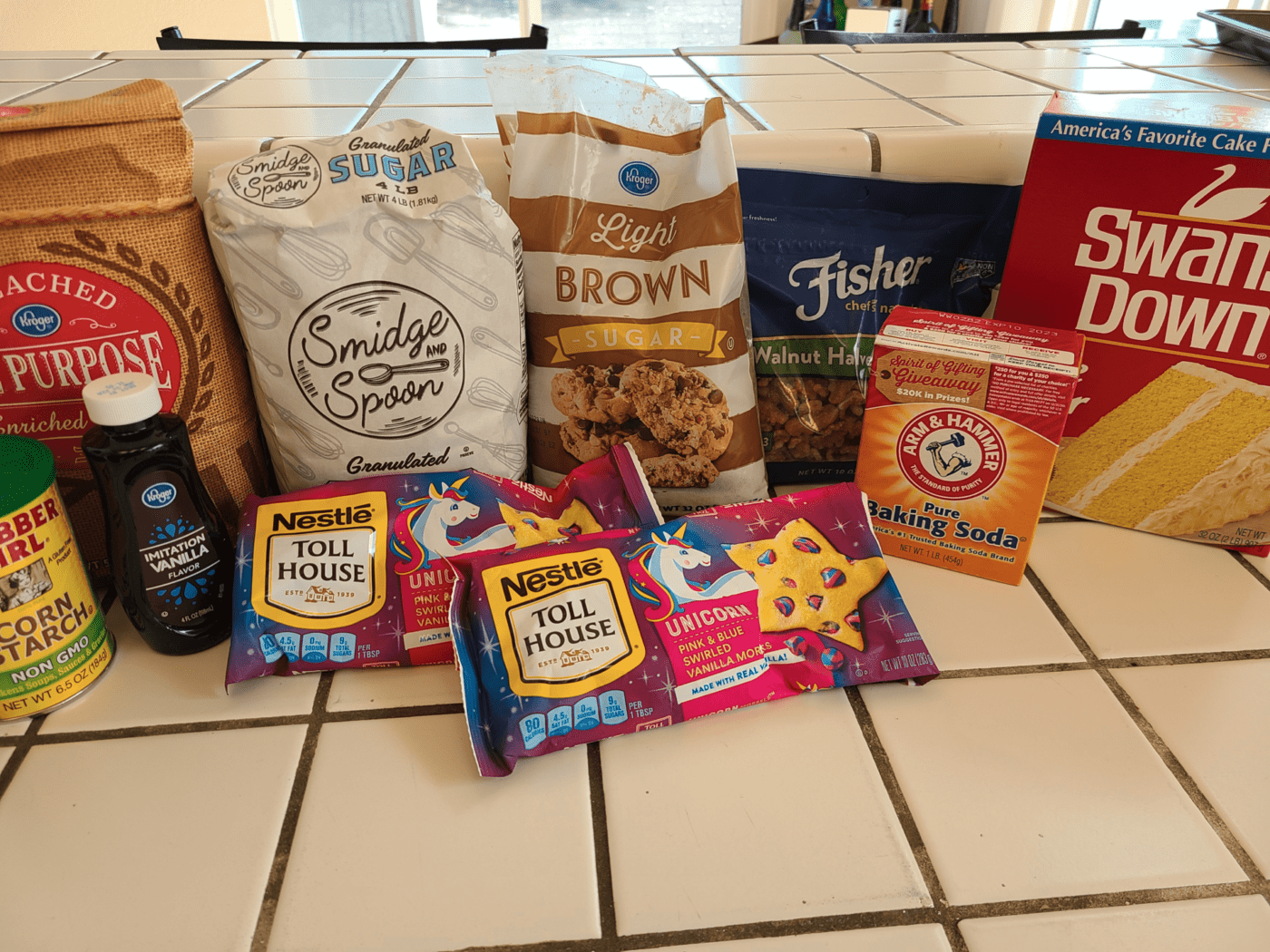 Ingredients for making cookies on a countertop