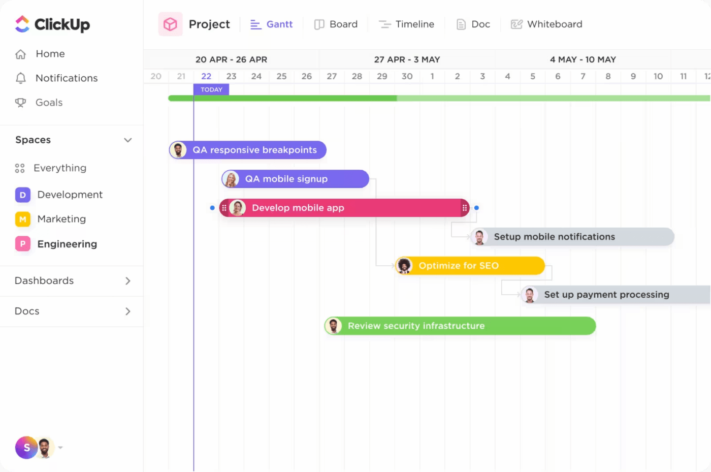 Le tableau de bord de ClickUp pour la communication d'entreprise