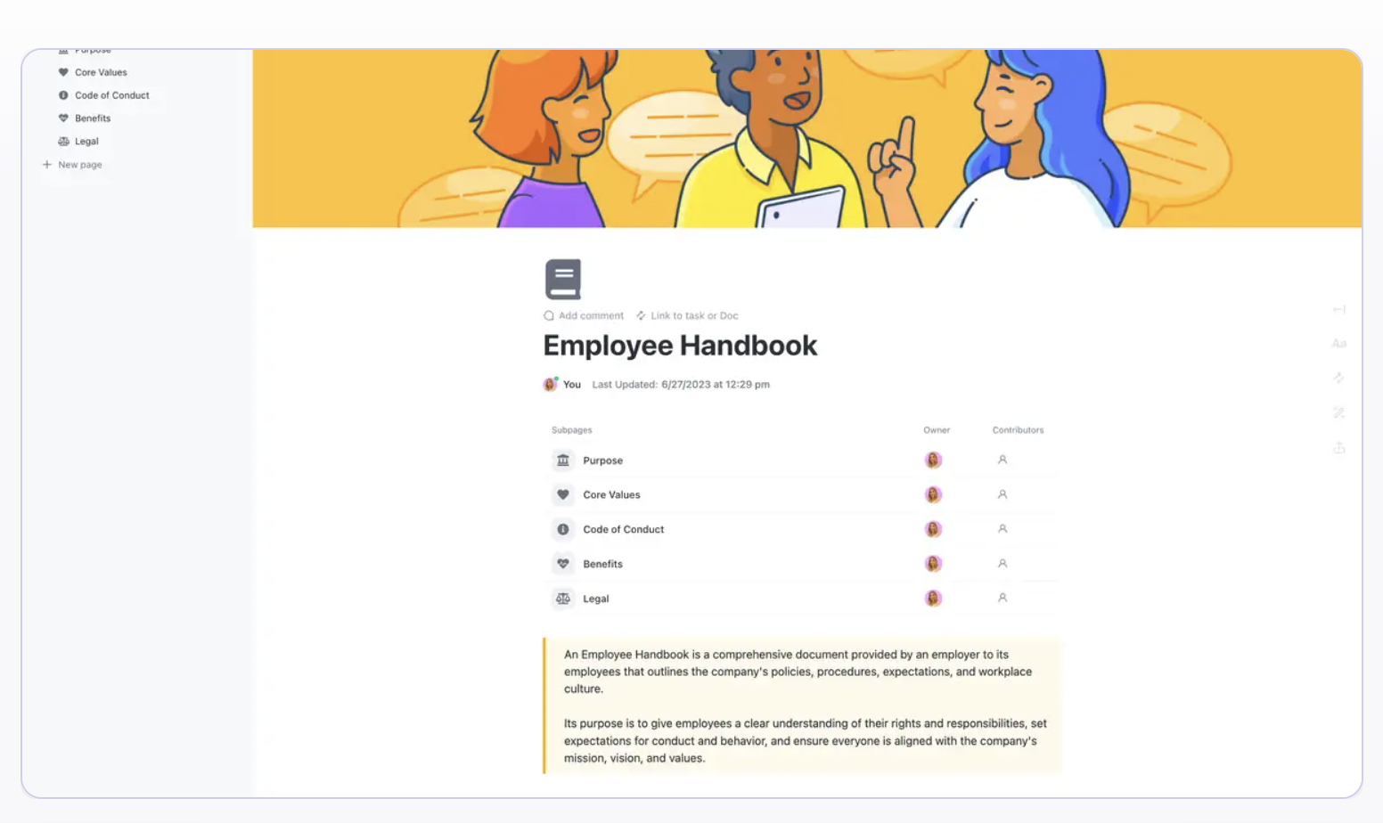 Organize all the necessary sections for your employee manual with ClickUp’s Employee Handbook Template