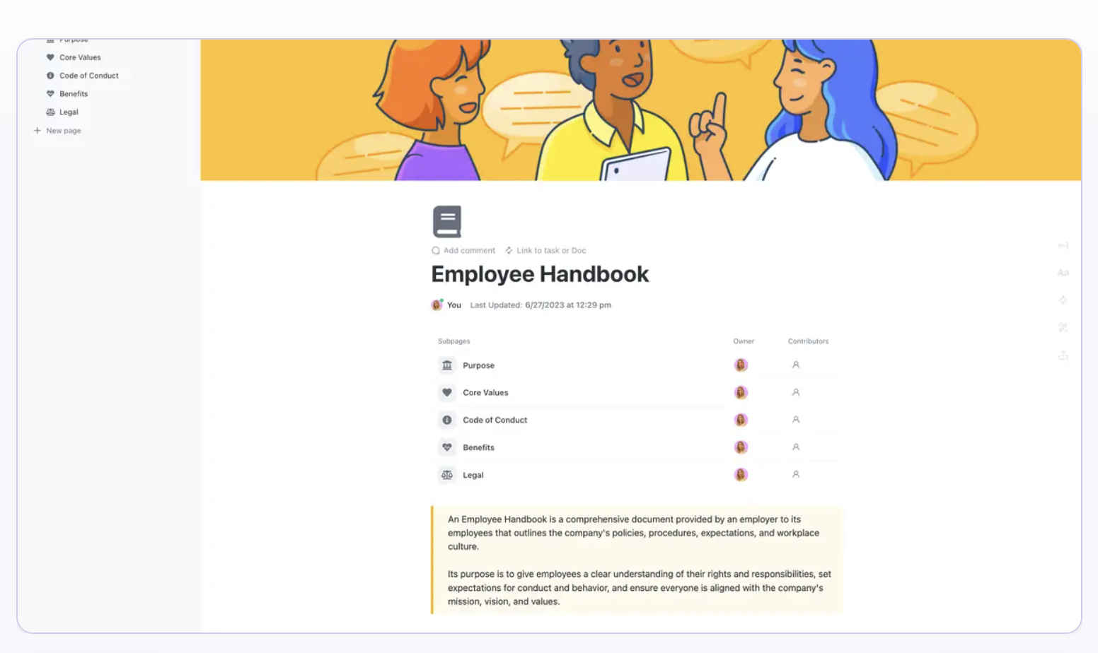 Organize all the necessary sections for your employee manual with ClickUp’s Employee Handbook Template  