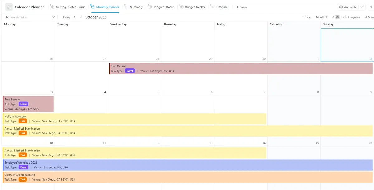 ClickUp's Calendar Planner Template is designed to help you manage and track events, activities, and tasks.