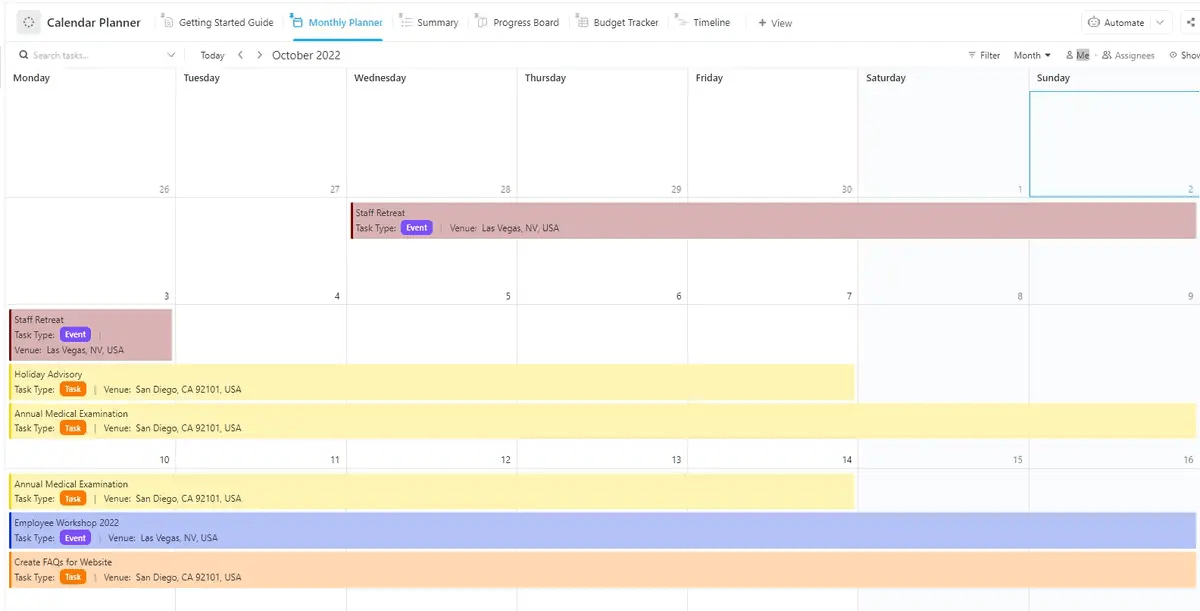 Organize your month, assign tasks, and track progress in a single, customizable workspace using ClickUp Calendar Planner Template