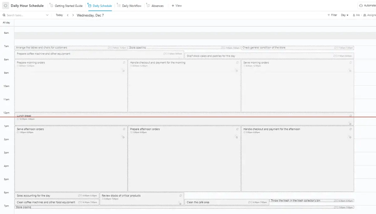 Planen Sie jede Minute Ihres Tages ganz einfach mit ClickUp's Vorlage für den täglichen Stundenplan