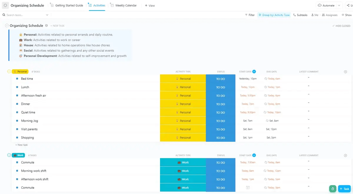 Atur tugas harian Anda dengan mudah, baik pribadi maupun profesional, dengan Templat Jadwal Pengorganisasian ClickUp