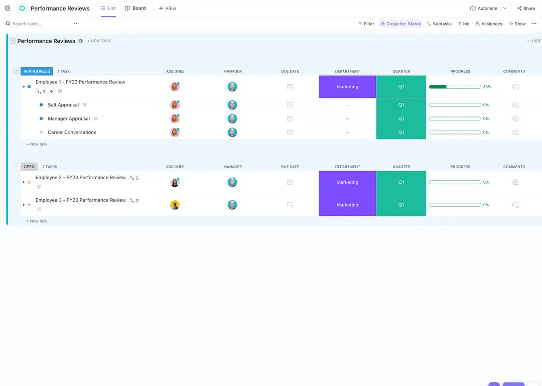 O modelo de avaliações de desempenho do ClickUp ajuda você a definir metas claras e acompanhar o progresso em um só lugar