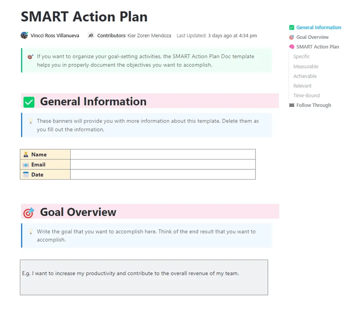 Devise an action plan for your team, assign roles and responsibilities, and manage progress effortlessly with the SMART Action Plan Template by ClickUp