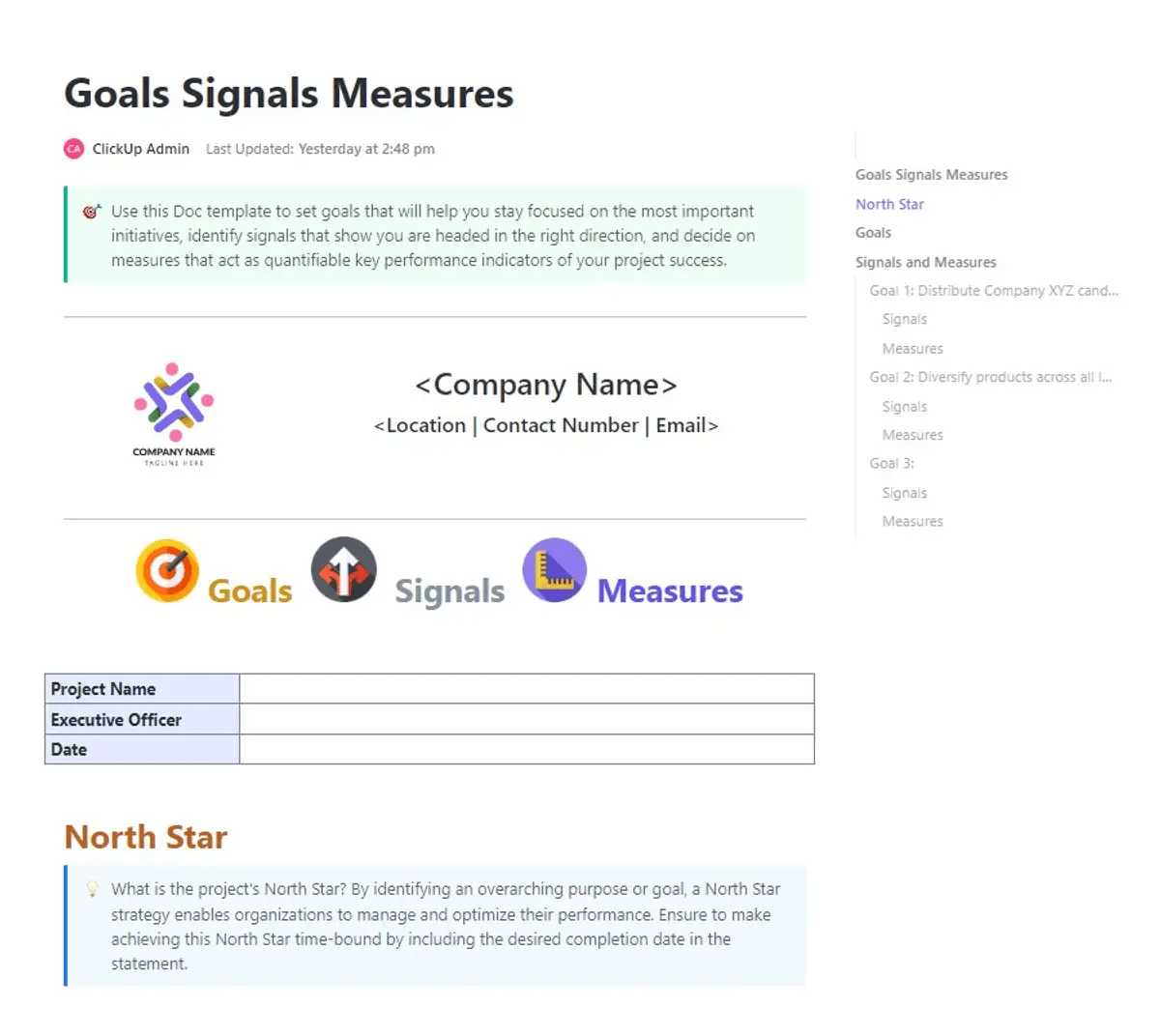 Établissez des objectifs, définissez des signaux pour vous maintenir sur la bonne voie et suivez les indicateurs de performance clés avec le modèle de ClickUp pour les objectifs, les signaux et les mesures