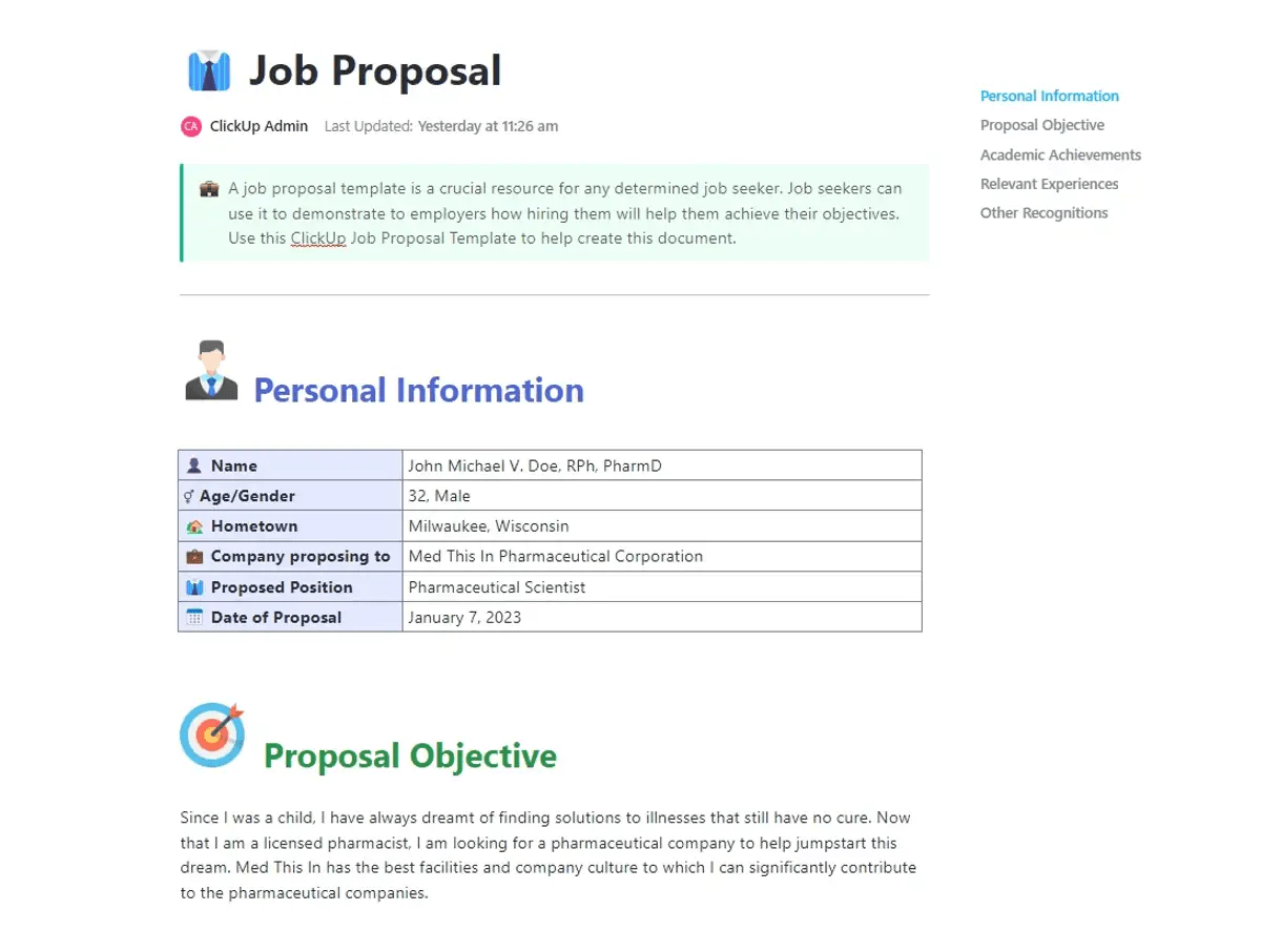 Buat proposal pekerjaan yang menarik dengan cepat dan mudah dengan Templat Proposal Pekerjaan ClickUp