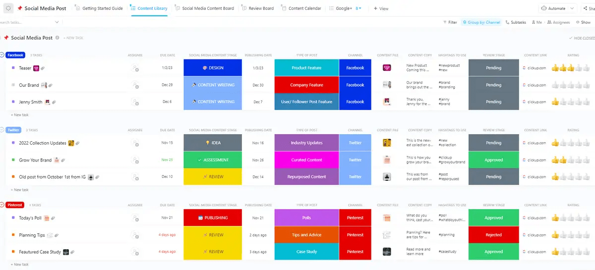 Kelola, lacak, dan jadwalkan posting konten di berbagai platform media sosial dengan Templat Posting Media Sosial ClickUp