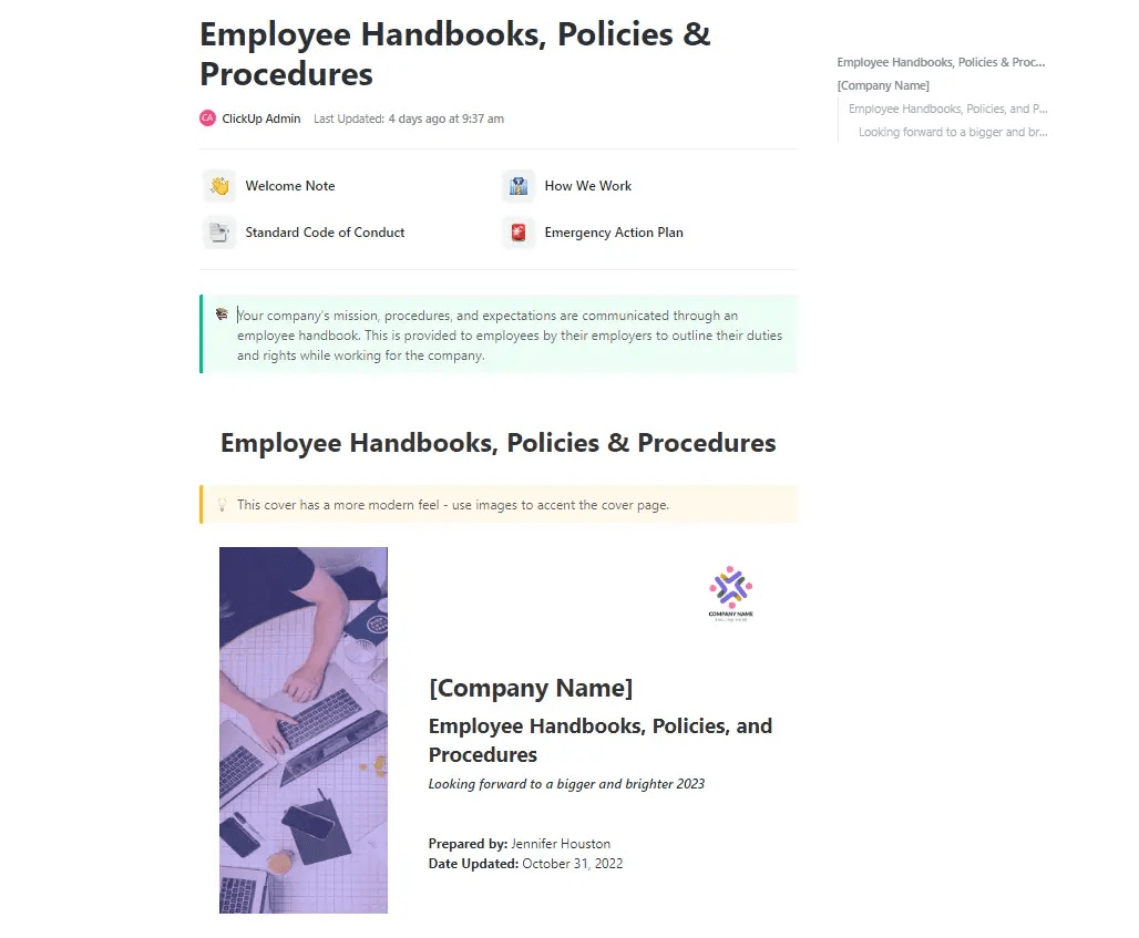 ClickUp's Employee Handbooks, Policies & Procedures Template is designed to help you keep all your employee handbooks, policies, procedures, and other important information in one place. 