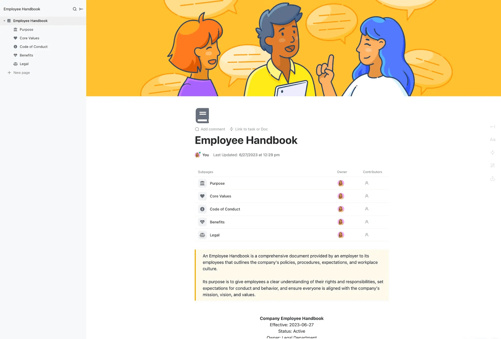 Make onboarding easier for new hires with the ClickUp Employee Handbook Template  