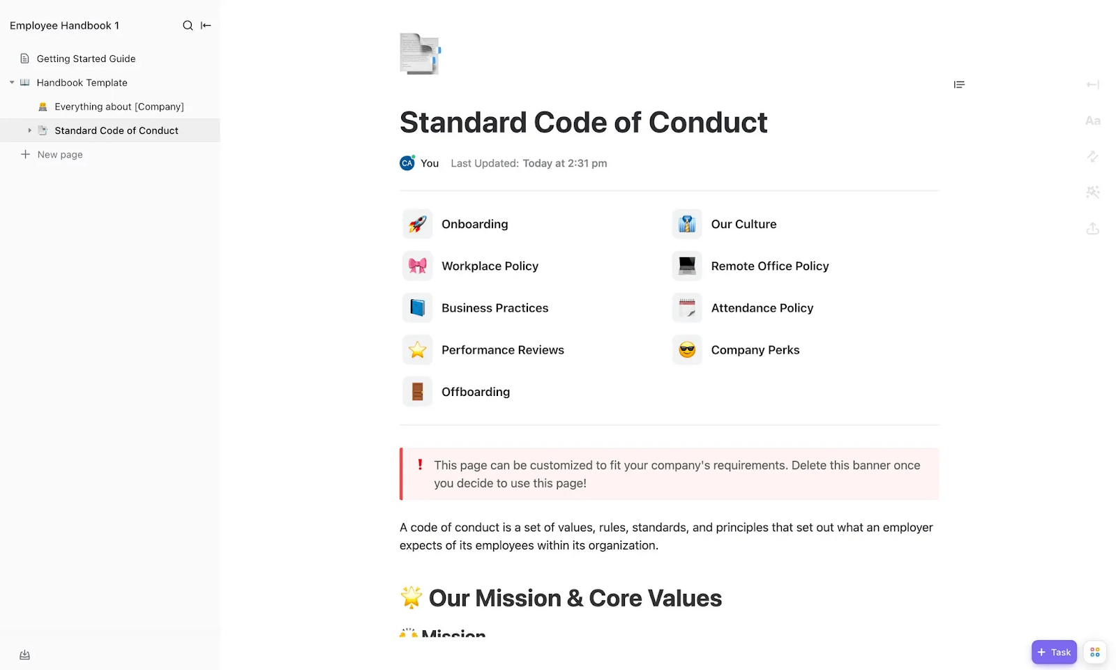 Customize a one-stop shop for all the info your employees need through ClickUp’s Employee Handbook (Advanced) Template   