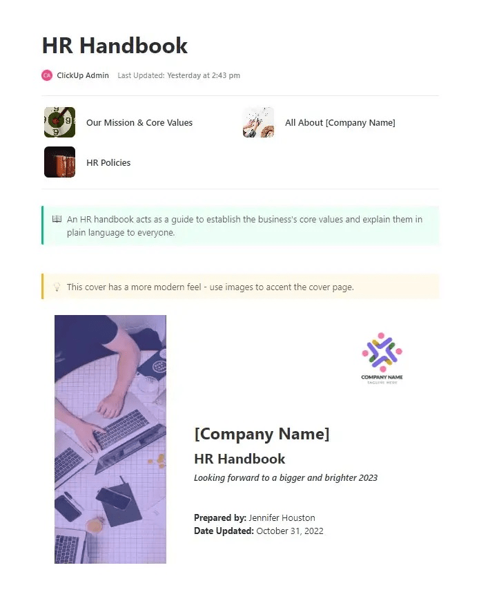 Define and communicate the company's core organizational values in simple terms to all stakeholders with ClickUp’s HR Handbook Template   
