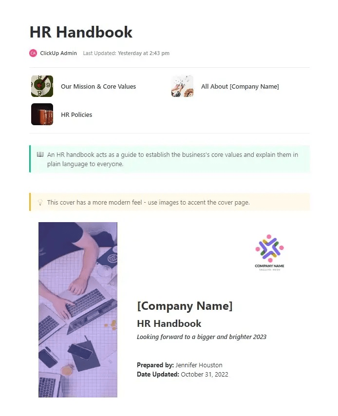 Define and communicate the company's core organizational values in simple terms to all stakeholders with ClickUp’s HR Handbook Template 