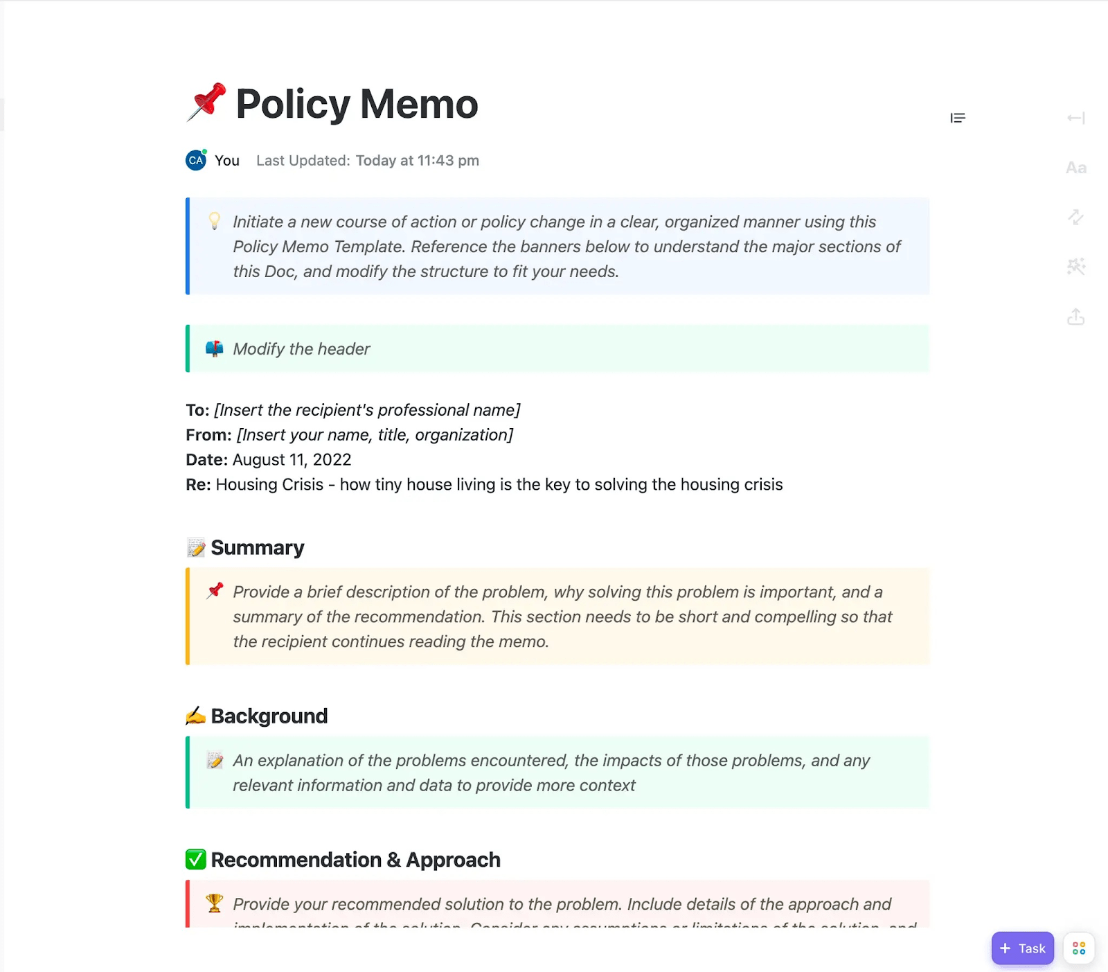 Implement new policies clearly and efficiently using ClickUp’s Policy Memo Template 