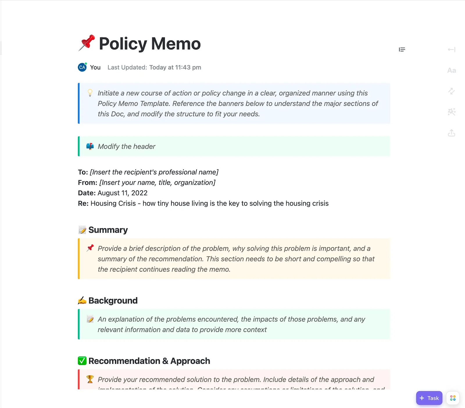 Menerapkan kebijakan baru dengan jelas dan efisien menggunakan Templat Memo Kebijakan ClickUp