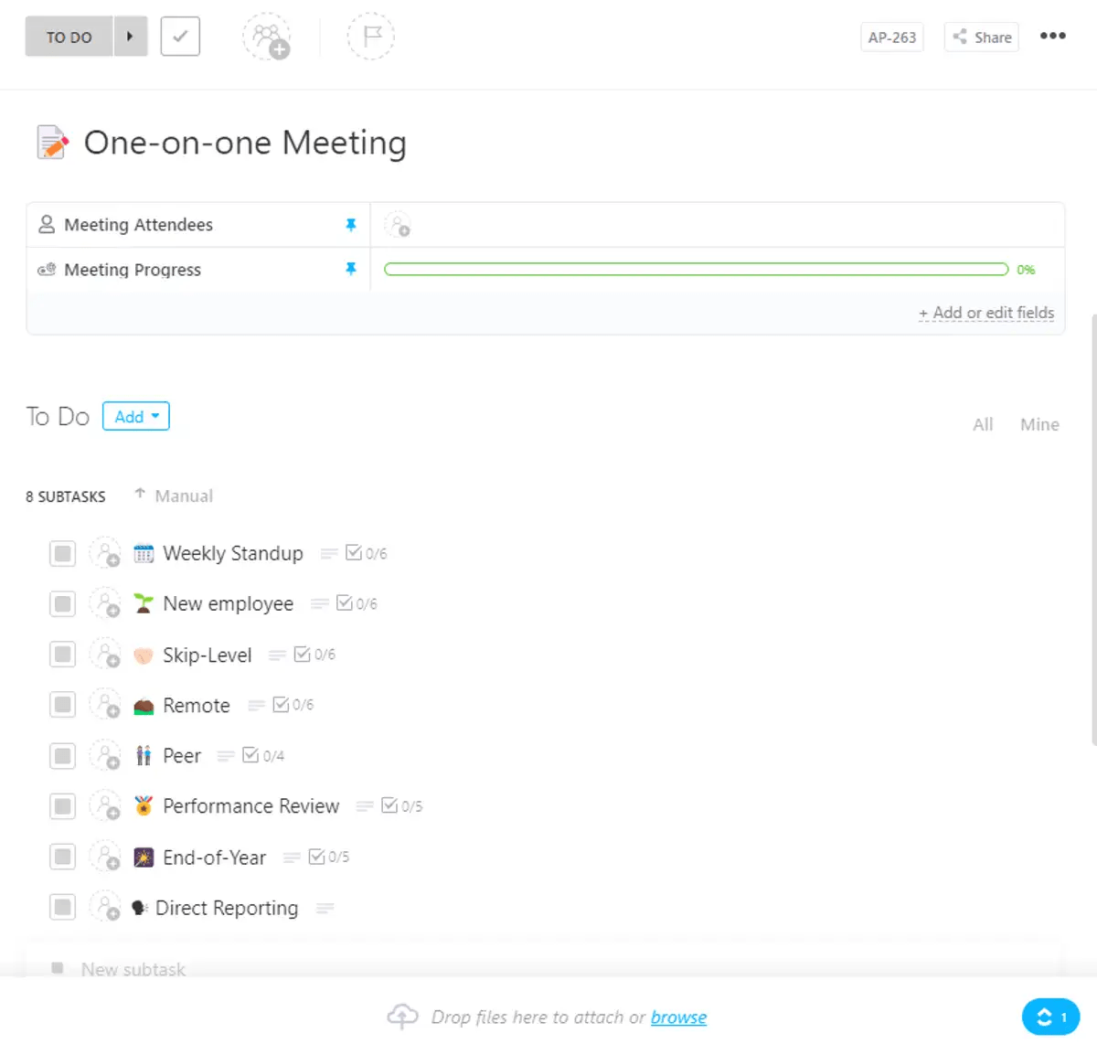 ClickUp's One-on-One Meeting Template is composed of one-on-one meeting agendas for different purposes for the utilization of the management team.